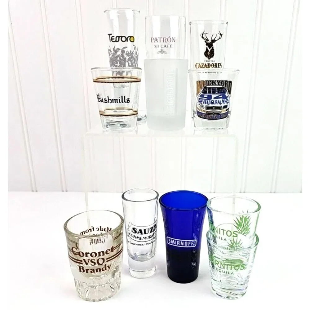 Lot of 11 Collectible Shot Glasses Smirnoff Bushmills Sauza Hornitos Brickyard